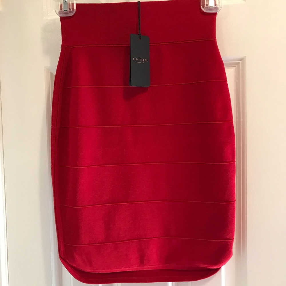 Ted Baker Tubular Detail Dip Hem Skirt Red